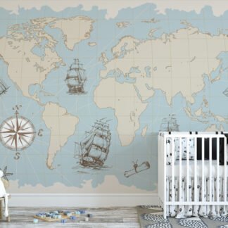 Pastel Mavi Korsan Temalı Dünya Haritası Duvar Kağıdı Çocuk Odası Harita Duvar Kağıtları