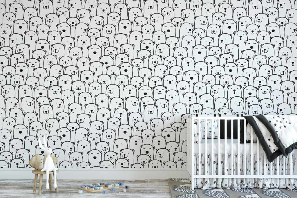 Sevimli Kalabalık Ayılar Line Art Desen Duvar Kağıdı, Sevimli Bebek Odası Eskiz Duvar Kağıdı Bebek Odası Duvar Kağıtları 4