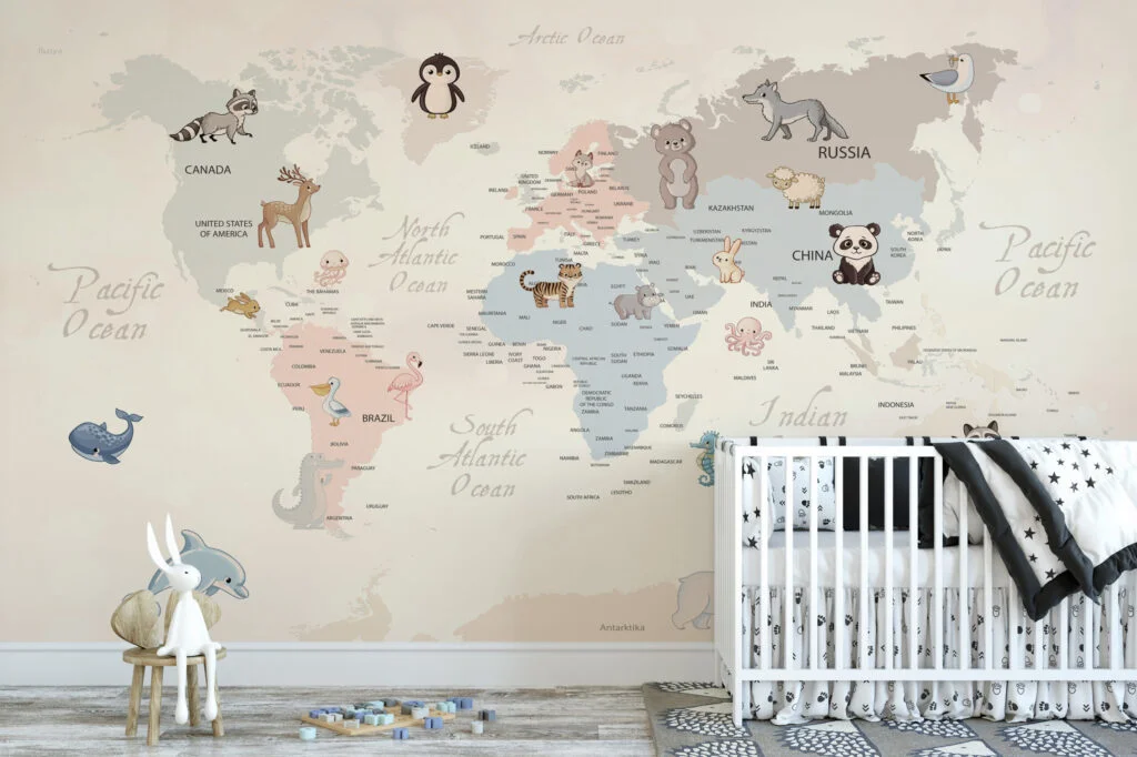 Pastel Dünya Haritası ve Hayvanlar Çocuk Odası Duvar Kağıdı Bebek Odası Duvar Kağıtları 6