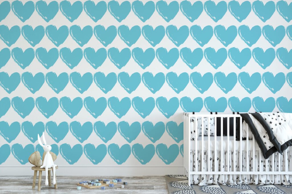 Açık Mavi Kalp Desenli Duvar Kağıdı, Mavi Kalp Desenli Bebek Odası 3D Duvar Posteri Bebek Odası Duvar Kağıtları 4