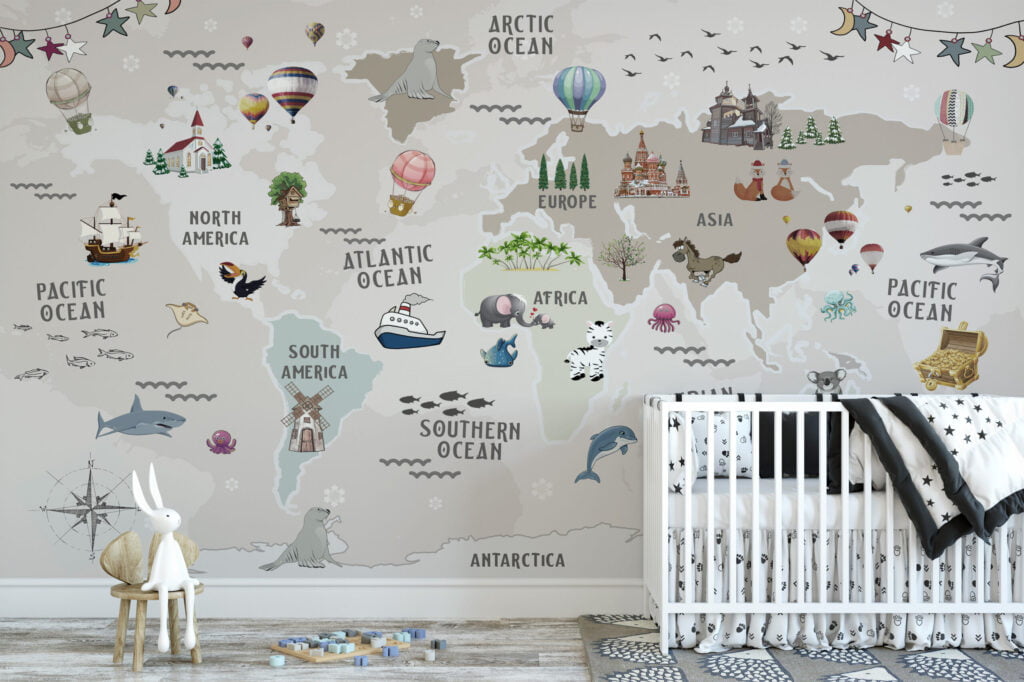 Pastel Bej Dünya Haritası ve Hayvanlar Çocuk Odası Duvar Kağıdı Bebek Odası Duvar Kağıtları 4