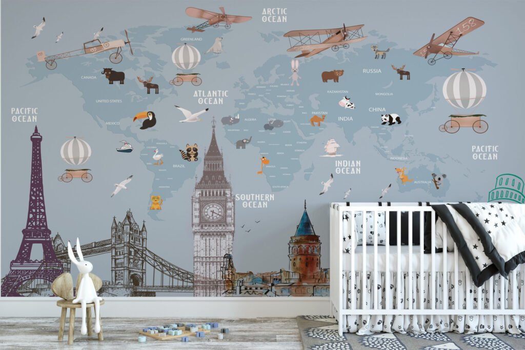 Hayvanlar ve Dünyaca Ünlü Yapılarla Dünya Haritası Çocuk Odası Duvar Kağıdı Bebek Odası Duvar Kağıtları 5