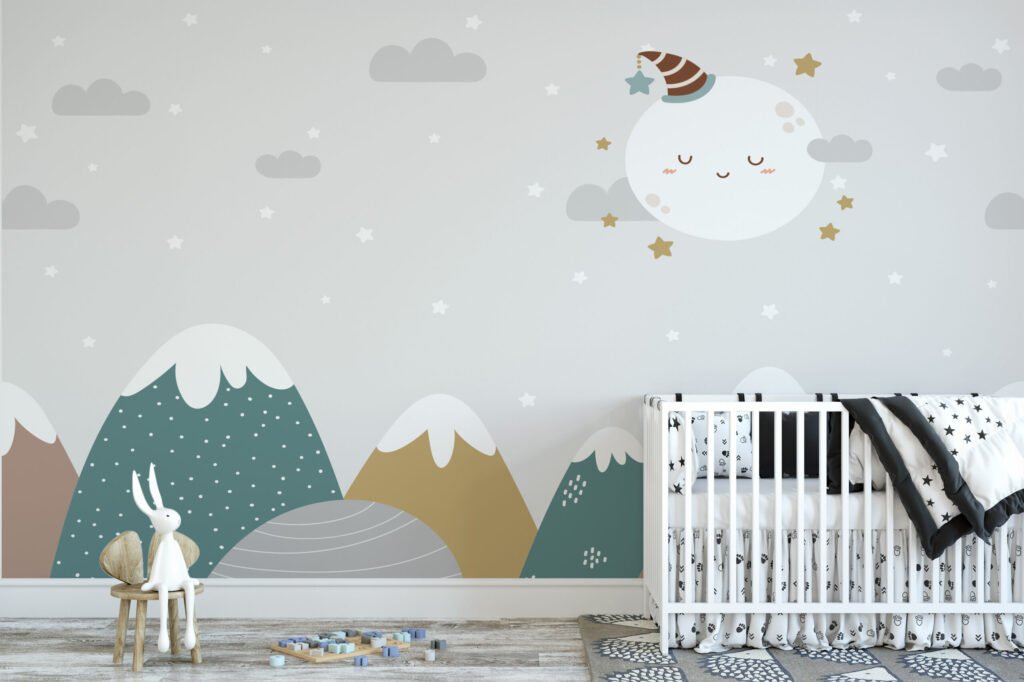 Sevimli Uyuyan Ay, Yıldızlar ve Dağlar Çocuk Odası Duvar Kağıdı Bebek Odası Duvar Kağıtları 3