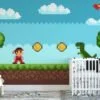 Pixel Art Oyun Seviye Platformu Dinozorlu Duvar Kağıdı, Klasik 8-bit Macera Oyun Sahnesi 3D Duvar Posteri - Görsel 2