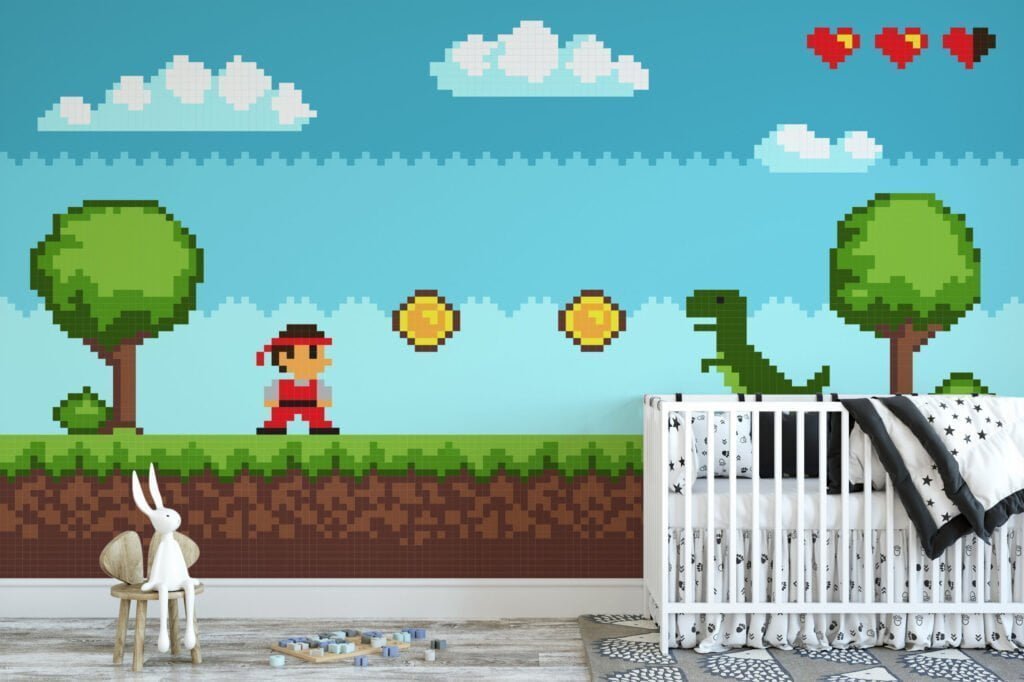 Pixel Art Oyun Seviye Platformu Dinozorlu Duvar Kağıdı, Klasik 8-bit Macera Oyun Sahnesi 3D Duvar Posteri Çocuk Odası Duvar Kağıtları 3