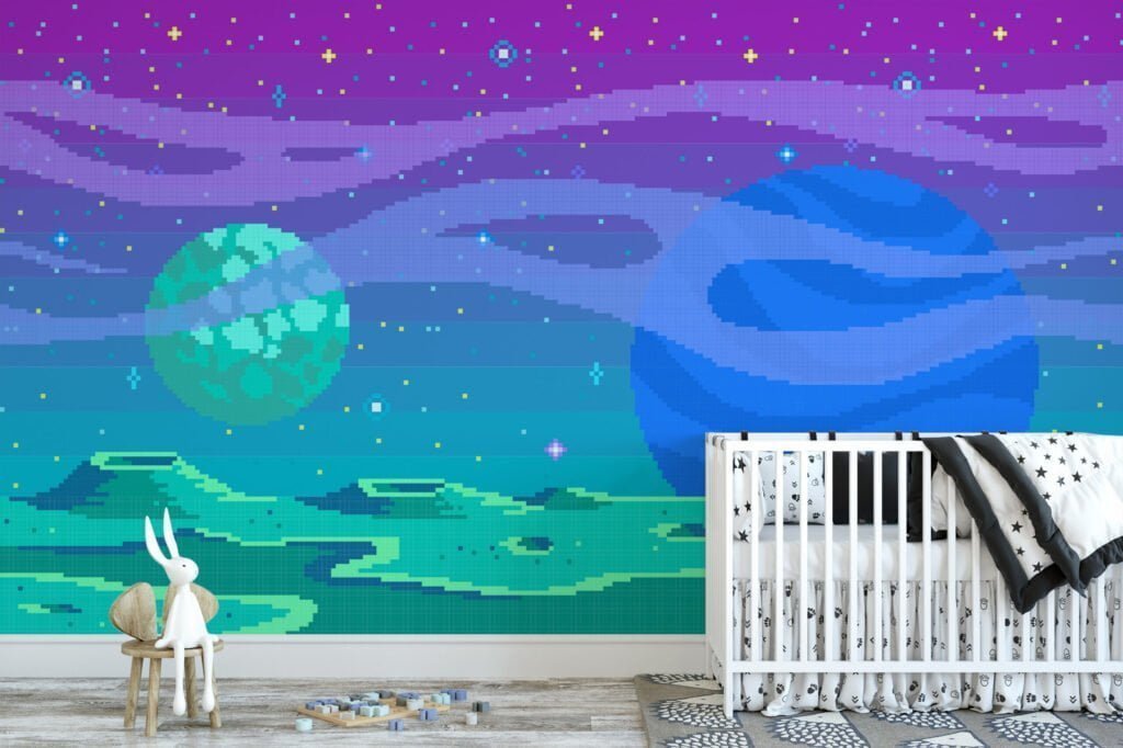 Uzayda Renkli Pixel Art Uzaylı Duvar Kağıdı, Piksel Sanatı Uzay Manzarası 3D Duvar Posteri Çocuk Odası Duvar Kağıtları 3