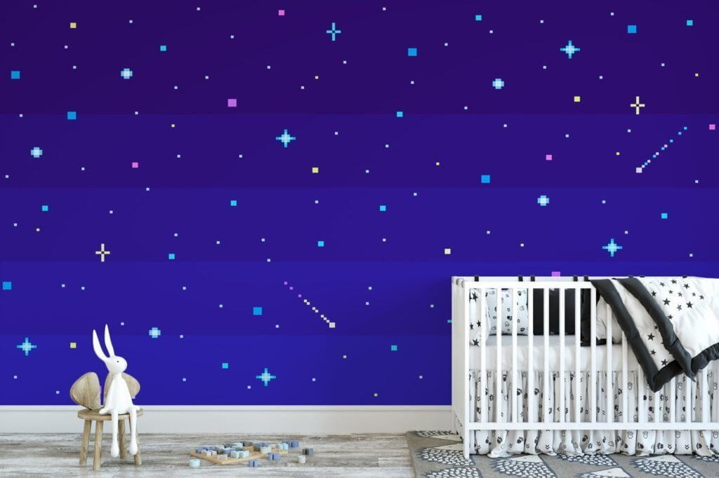 Pixel Art Yıldızlarla Gece Gökyüzü Duvar Kağıdı, Minimalist Piksel Yıldız Alanı 3D Duvar Posteri Çocuk Odası Duvar Kağıtları 5