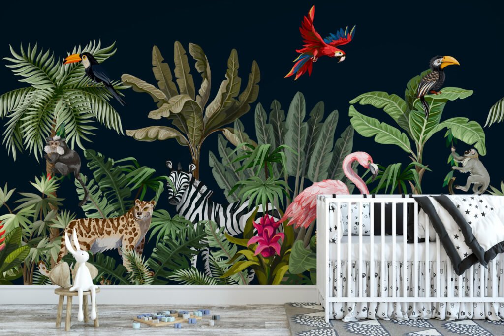 Koyu Zeminli Tropikal Orman ve Egzotik Hayvanlar Duvar Kağıdı, Egzotik Hayvan ve Çiçekli Duvar Posteri Çocuk Odası Duvar Kağıtları 2