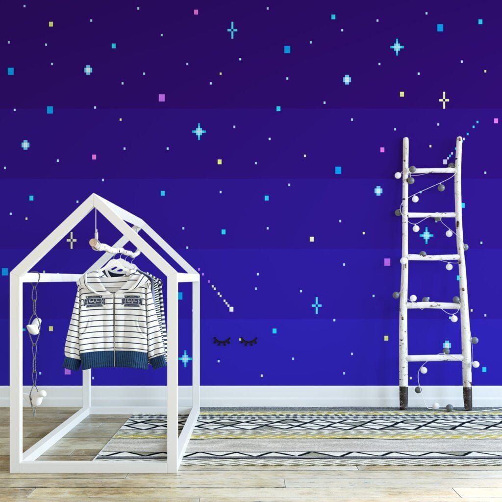 Pixel Art Yıldızlarla Gece Gökyüzü Duvar Kağıdı, Minimalist Piksel Yıldız Alanı 3D Duvar Posteri Çocuk Odası Duvar Kağıtları 6