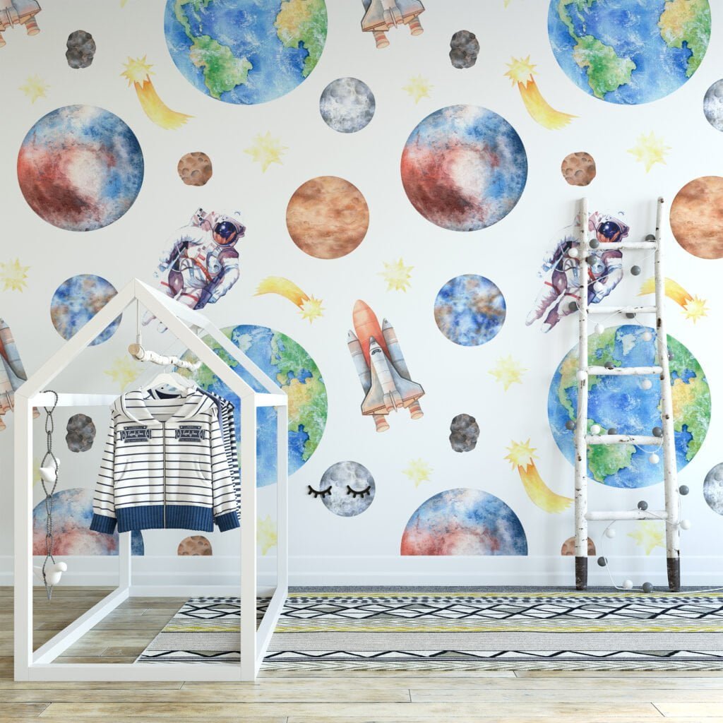 Sulu Boya Astronot ve Uzay Temalı Gezegenler Duvar Kağıdı, Astronot ve Uzay Mekiği 3D Duvar Posteri Bebek Odası Duvar Kağıtları 4