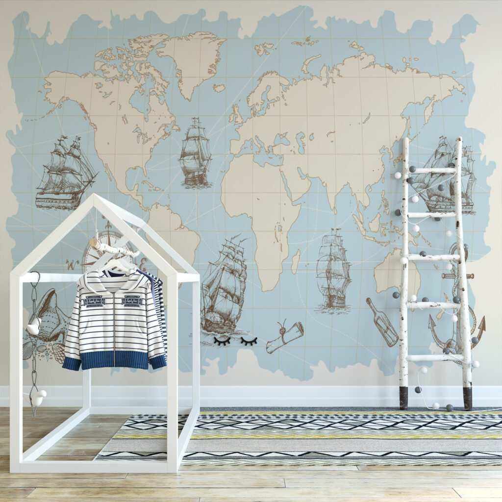 Pastel Mavi Korsan Temalı Dünya Haritası Duvar Kağıdı Çocuk Odası Harita Duvar Kağıtları 7