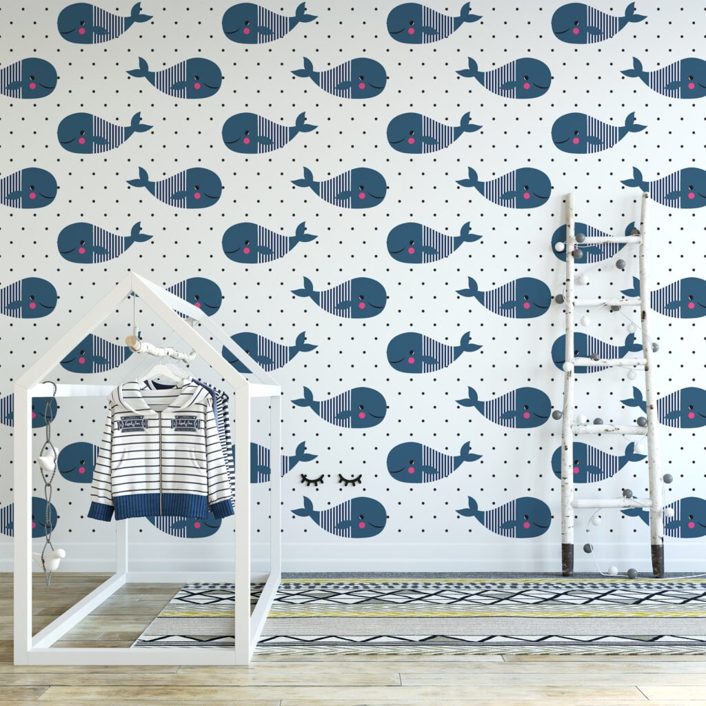 Tatlı Balina Deseni Bebek Odası Duvar Kağıdı, Sevimli Balinalar 3D Duvar Posteri Bebek Odası Duvar Kağıtları 3