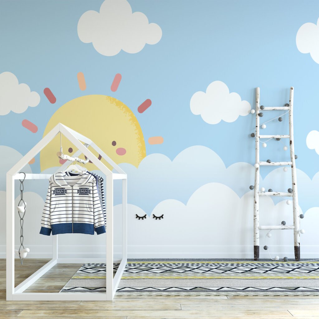 Sevimli Gülümseyen Güneş ve Bulutlar Çocuk Odası Duvar Kağıdı Bebek Odası Duvar Kağıtları 5