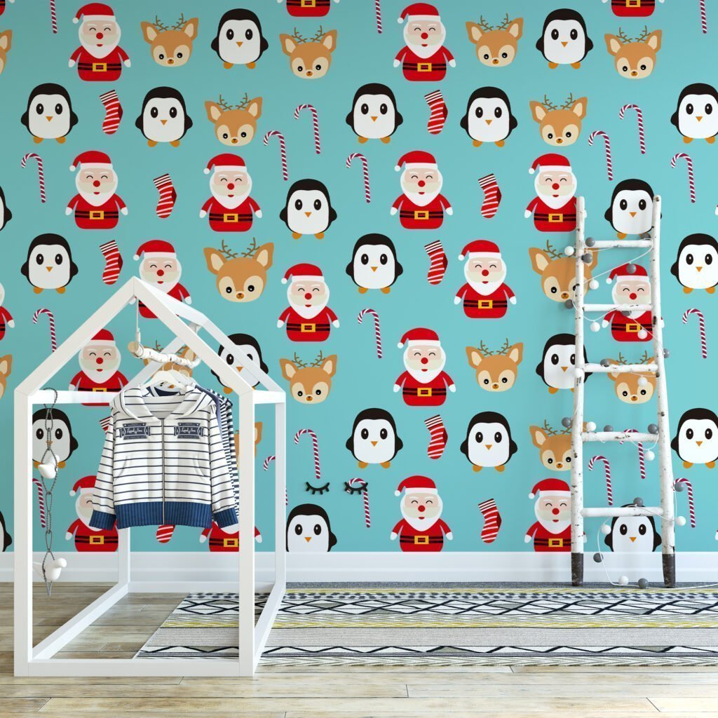 Noel Temalı İkonlar Noel Baba Duvar Kağıdı, Neşeli Noel Karakterleri 3D Duvar Posteri Bebek Odası Duvar Kağıtları 3
