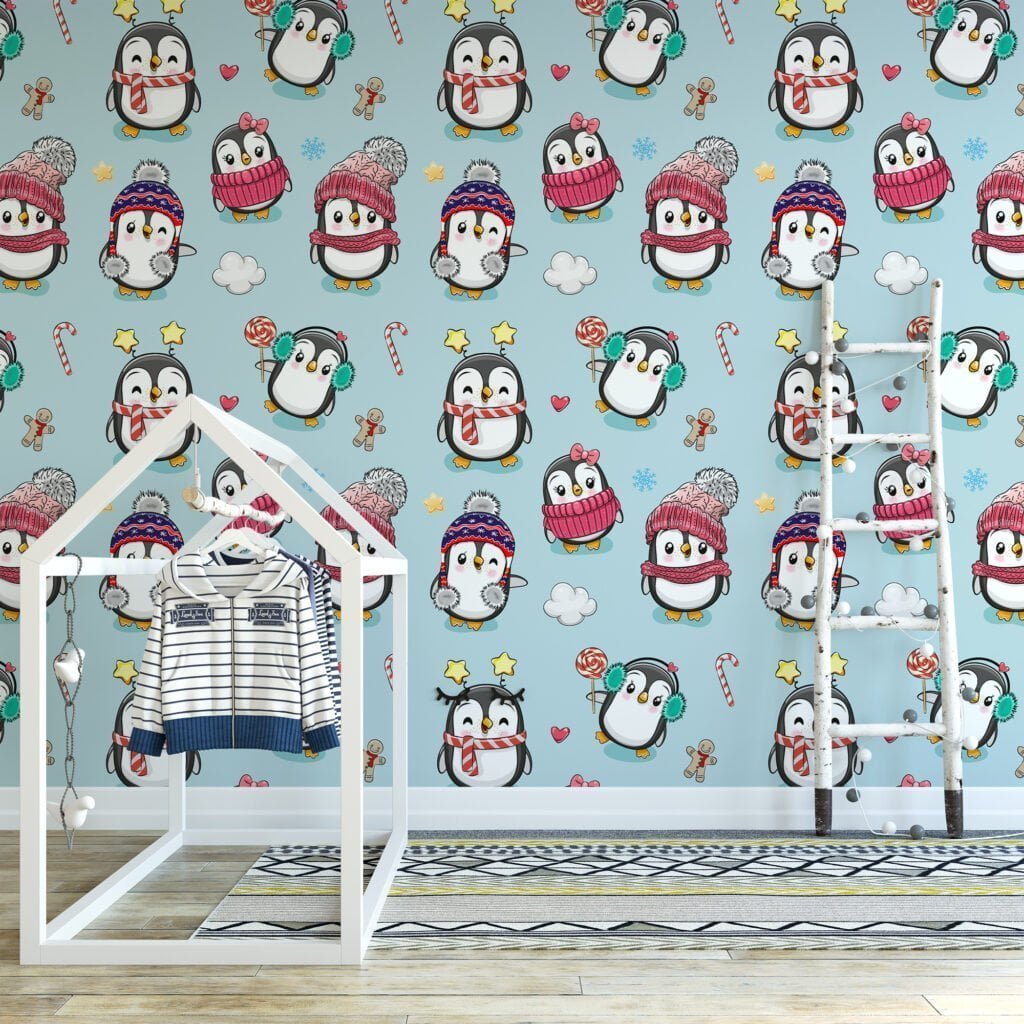 Tatlı Çizgi Dizi Stil Noel Penguenleri Duvar Kağıdı, Neşeli Penguen Zamanı Çocuk Odası 3D Duvar Posteri Bebek Odası Duvar Kağıtları 4