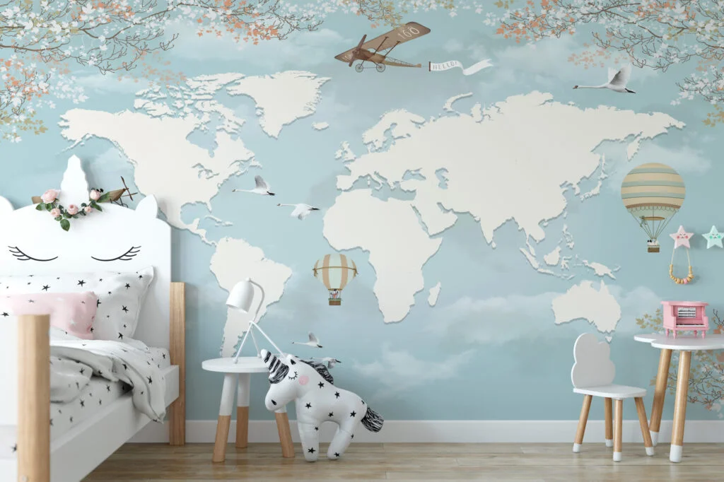 Pastel Açık Mavi Dünya Haritası Çocuk Odası Duvar Kağıdı Bebek Odası Duvar Kağıtları 5