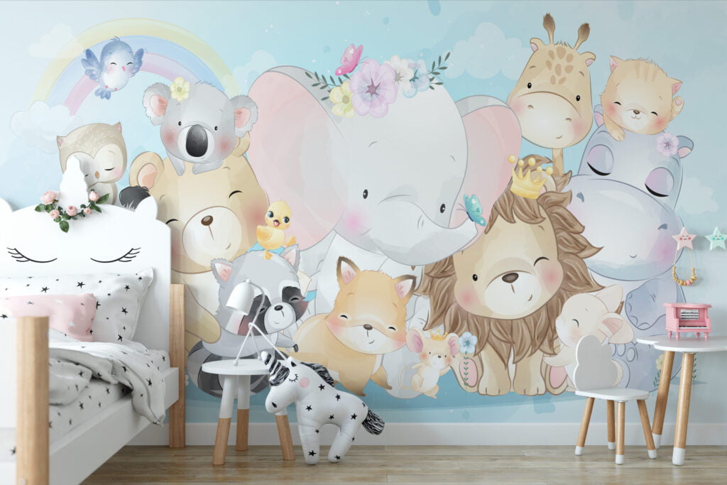 Sevimli Pastel Hayvanlar Çocuk Odası Duvar Kağıdı Bebek Odası Duvar Kağıtları 3