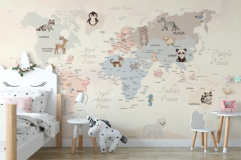 Pastel Dünya Haritası ve Hayvanlar Çocuk Odası Duvar Kağıdı Bebek Odası Duvar Kağıtları 7