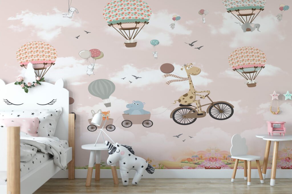 Pembe Pastel Sıcak Hava Balonları Çocuk Odası Duvar Kağıdı Bebek Odası Duvar Kağıtları 4