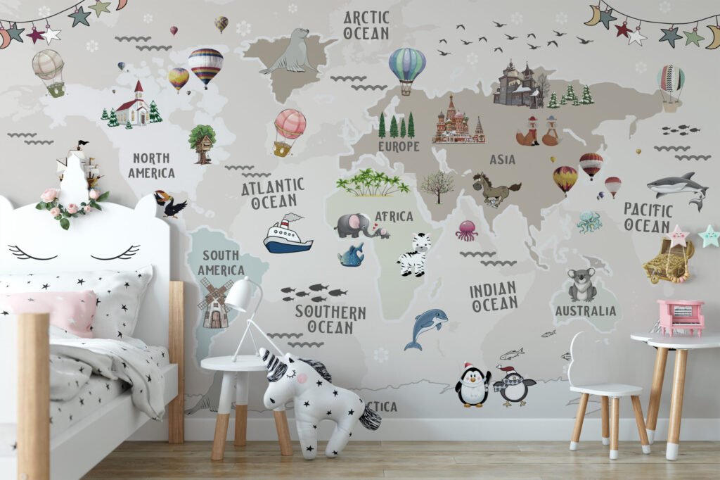 Pastel Bej Dünya Haritası ve Hayvanlar Çocuk Odası Duvar Kağıdı Bebek Odası Duvar Kağıtları 2