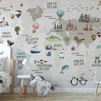 Pastel Bej Dünya Haritası ve Hayvanlar Çocuk Odası Duvar Kağıdı Bebek Odası Duvar Kağıtları