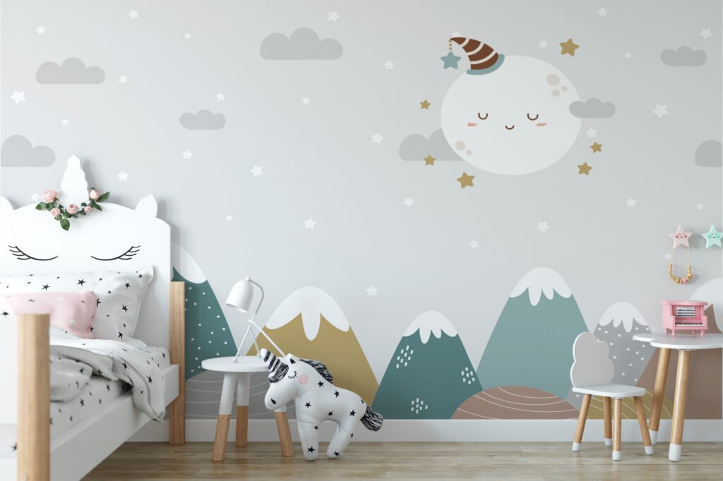 Sevimli Uyuyan Ay, Yıldızlar ve Dağlar Çocuk Odası Duvar Kağıdı Bebek Odası Duvar Kağıtları 4