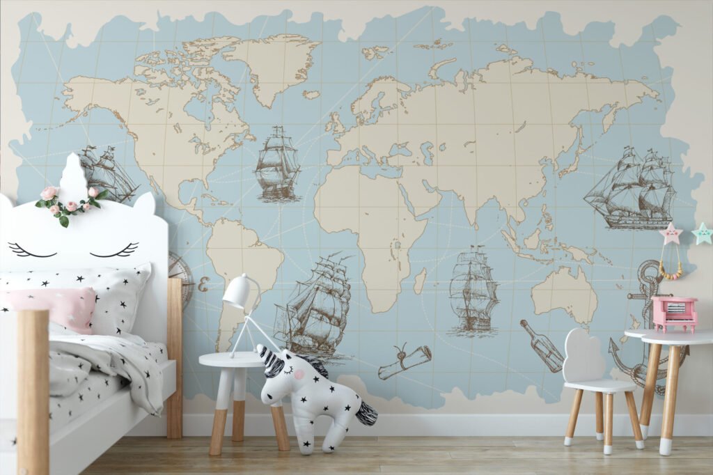 Pastel Mavi Korsan Temalı Dünya Haritası Duvar Kağıdı Çocuk Odası Harita Duvar Kağıtları 6