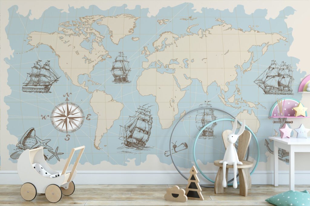Pastel Mavi Korsan Temalı Dünya Haritası Duvar Kağıdı Çocuk Odası Harita Duvar Kağıtları 5