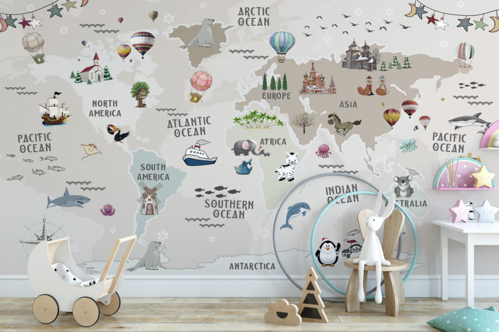 Pastel Bej Dünya Haritası ve Hayvanlar Çocuk Odası Duvar Kağıdı Bebek Odası Duvar Kağıtları 5