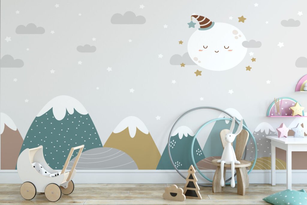 Sevimli Uyuyan Ay, Yıldızlar ve Dağlar Çocuk Odası Duvar Kağıdı Bebek Odası Duvar Kağıtları 2