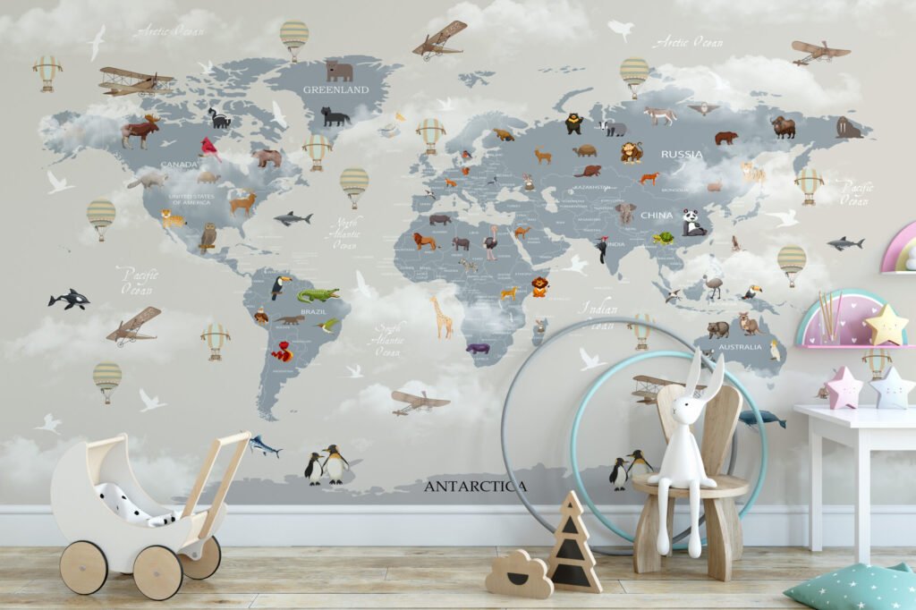 Dünya Haritası, Hayvanlar ve Bulutlar Çocuk Odası Duvar Kağıdı Bebek Odası Duvar Kağıtları 3