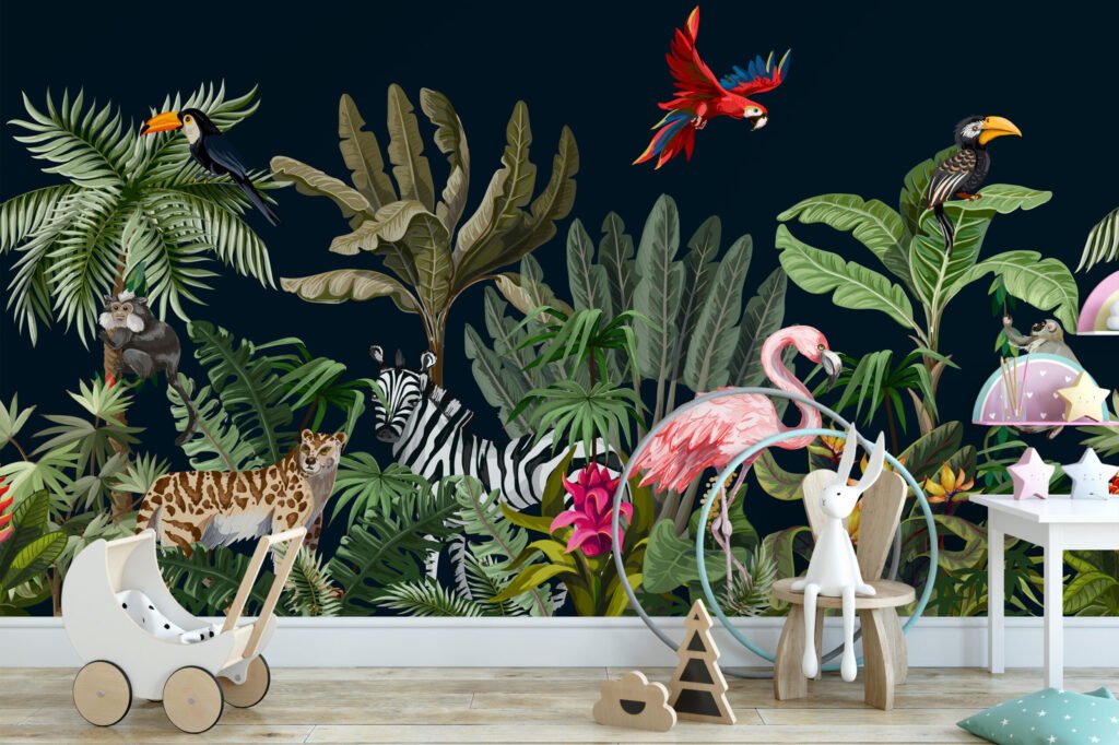 Koyu Zeminli Tropikal Orman ve Egzotik Hayvanlar Duvar Kağıdı, Egzotik Hayvan ve Çiçekli Duvar Posteri Çocuk Odası Duvar Kağıtları 3