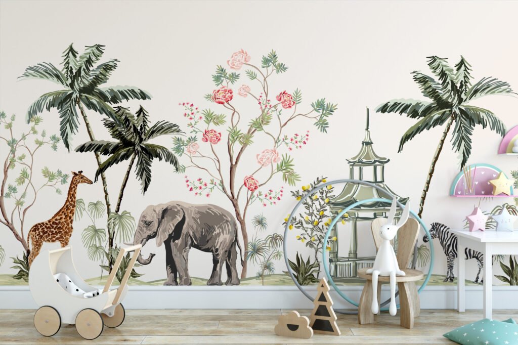Safari Hayvanları ve Açık Zeminli Palmiye Ağaçları Duvar Kağıdı, Egzotik Hayvan Çin Sanatı Duvar Posteri Çocuk Odası Duvar Kağıtları 2