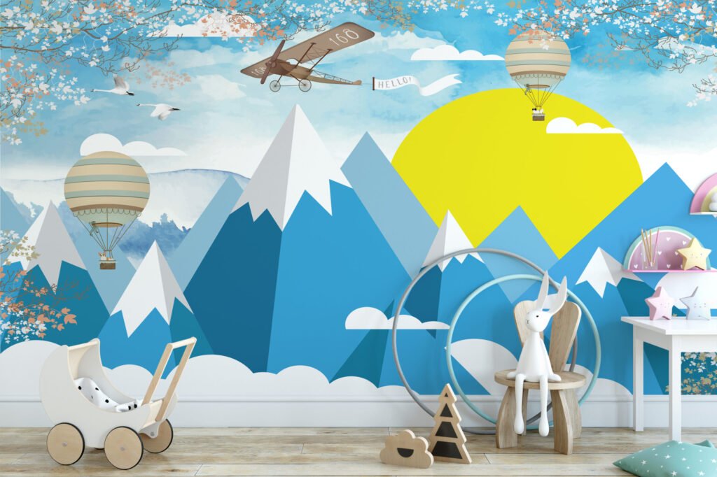 Mavi Dağlar, Sıcak Hava Balonları ve Uçaklar Çocuk Odası Duvar Kağıdı Çocuk Odası Duvar Kağıtları 4