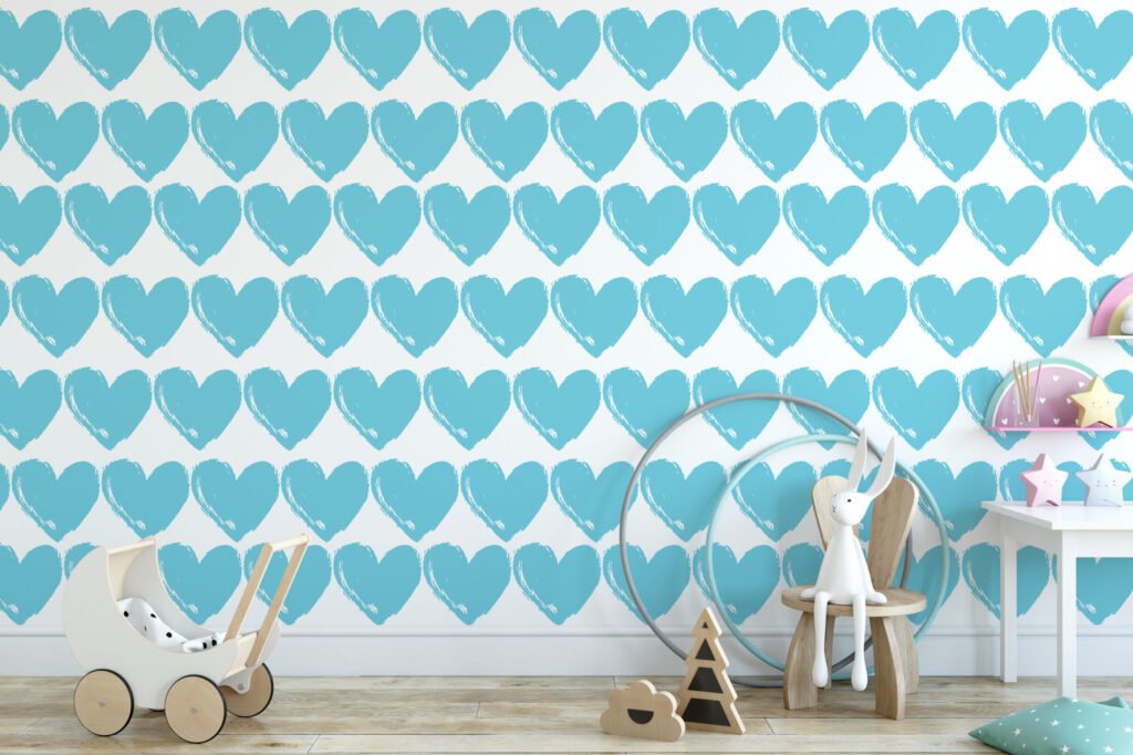 Açık Mavi Kalp Desenli Duvar Kağıdı, Mavi Kalp Desenli Bebek Odası 3D Duvar Posteri Bebek Odası Duvar Kağıtları 3
