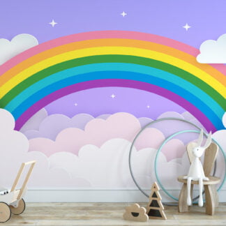 Mor Arka Planlı Gökkuşağı ve Bulut Çocuk Odası Duvar Kağıdı Bebek Odası Duvar Kağıtları