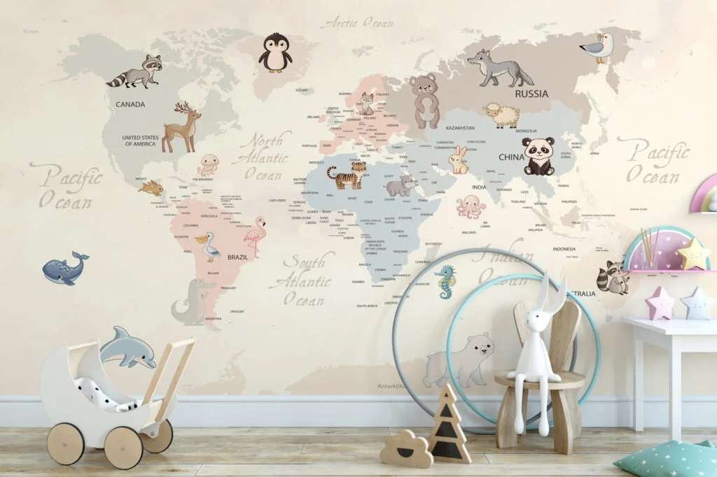 Pastel Dünya Haritası ve Hayvanlar Çocuk Odası Duvar Kağıdı Bebek Odası Duvar Kağıtları 8