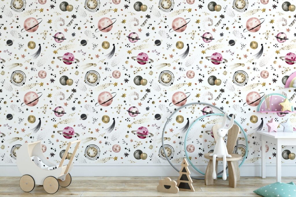 Sulu Boya Stil Gezegenler ve Yıldızlar Duvar Kağıdı, Gezegenler Çocuk Odası 3D Duvar Posteri Bebek Odası Duvar Kağıtları 3