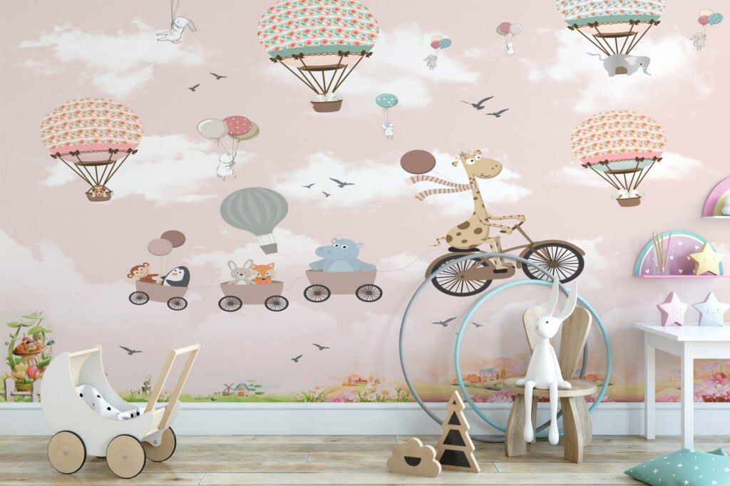 Pembe Pastel Sıcak Hava Balonları Çocuk Odası Duvar Kağıdı Bebek Odası Duvar Kağıtları 2