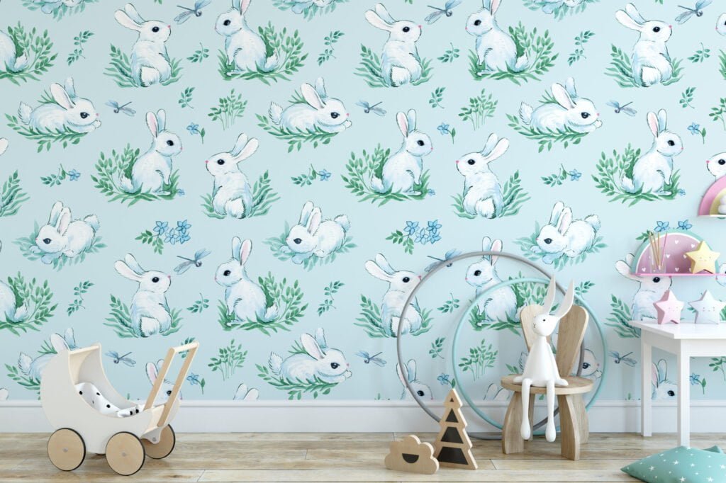 Açık Mavi Sulu Boya Etkisi Tavşan ve Yusufçuk Duvar Kağıdı, Tavşan Desenli Çocuk Odası 3D Duvar Posteri Bebek Odası Duvar Kağıtları 2