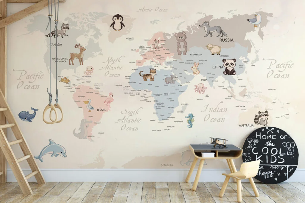 Pastel Dünya Haritası ve Hayvanlar Çocuk Odası Duvar Kağıdı Bebek Odası Duvar Kağıtları 3