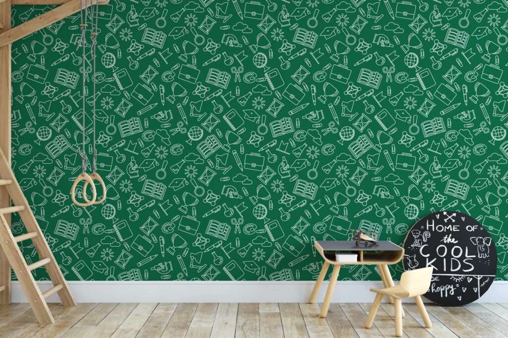 Yeşil Okul İkonları Çocuk Odası Duvar Kağıdı, Yeşil Tahta Karalamalar 3D Duvar Posteri Bebek Odası Duvar Kağıtları 2