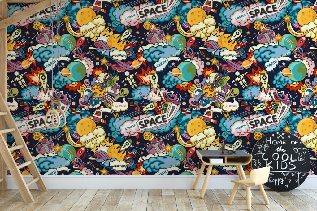 Çizgi Dizi Uzay Temalı Çocuk Odası Duvar Kağıdı, Canlı Uzay Macerası 3D Duvar Posteri Bebek Odası Duvar Kağıtları 6