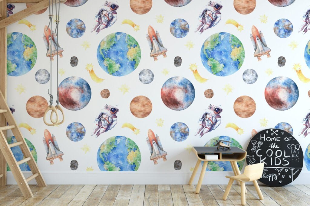 Sulu Boya Astronot ve Uzay Temalı Gezegenler Duvar Kağıdı, Astronot ve Uzay Mekiği 3D Duvar Posteri Bebek Odası Duvar Kağıtları 3