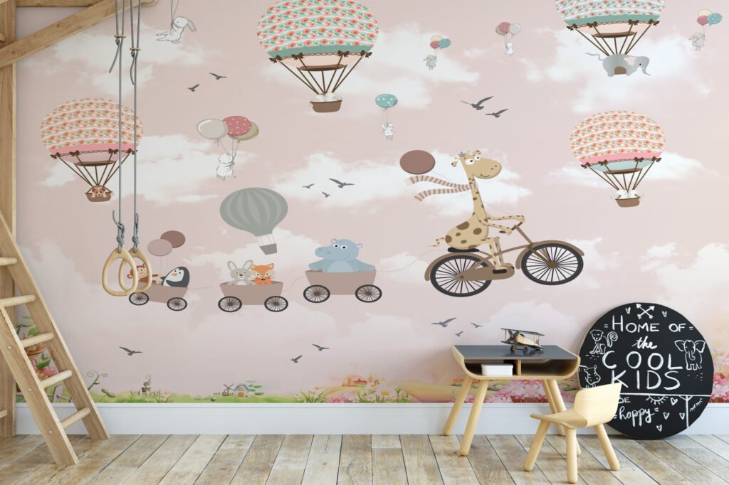 Pembe Pastel Sıcak Hava Balonları Çocuk Odası Duvar Kağıdı Bebek Odası Duvar Kağıtları 5