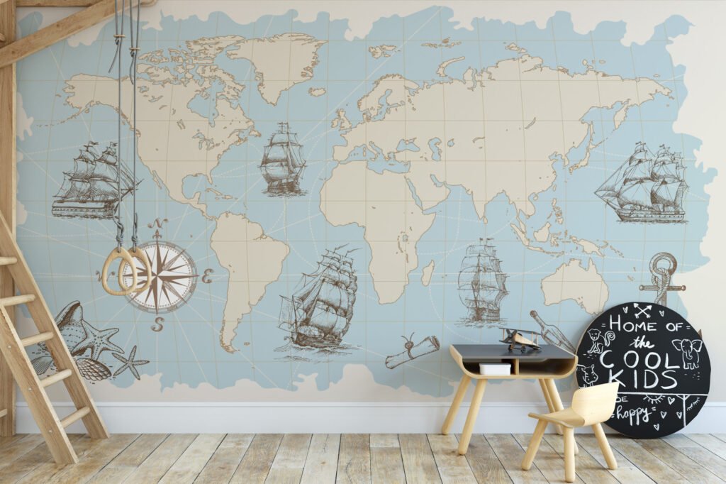 Pastel Mavi Korsan Temalı Dünya Haritası Duvar Kağıdı Çocuk Odası Harita Duvar Kağıtları 4