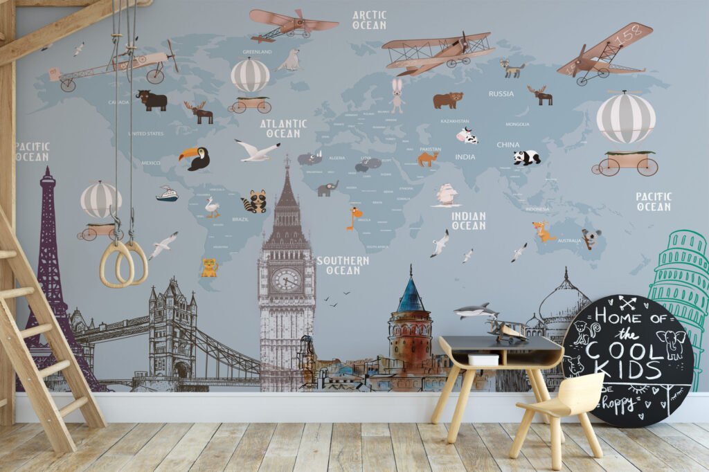 Hayvanlar ve Dünyaca Ünlü Yapılarla Dünya Haritası Çocuk Odası Duvar Kağıdı Bebek Odası Duvar Kağıtları 3