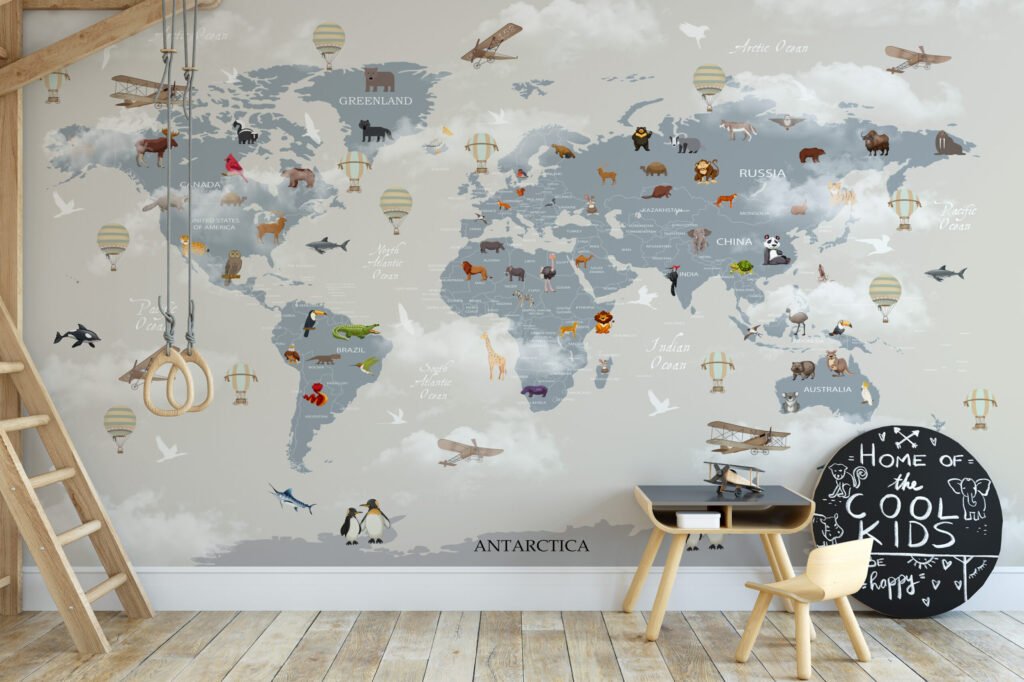 Dünya Haritası, Hayvanlar ve Bulutlar Çocuk Odası Duvar Kağıdı Bebek Odası Duvar Kağıtları 2