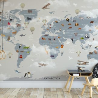 Dünya Haritası, Hayvanlar ve Bulutlar Çocuk Odası Duvar Kağıdı Bebek Odası Duvar Kağıtları