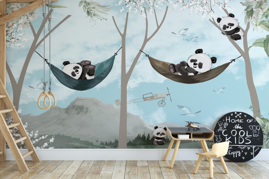 Ağaçlarda Rahatlayan Pandalar İllüstrasyonu Çocuk Odası Duvar Kağıdı Bebek Odası Duvar Kağıtları 3
